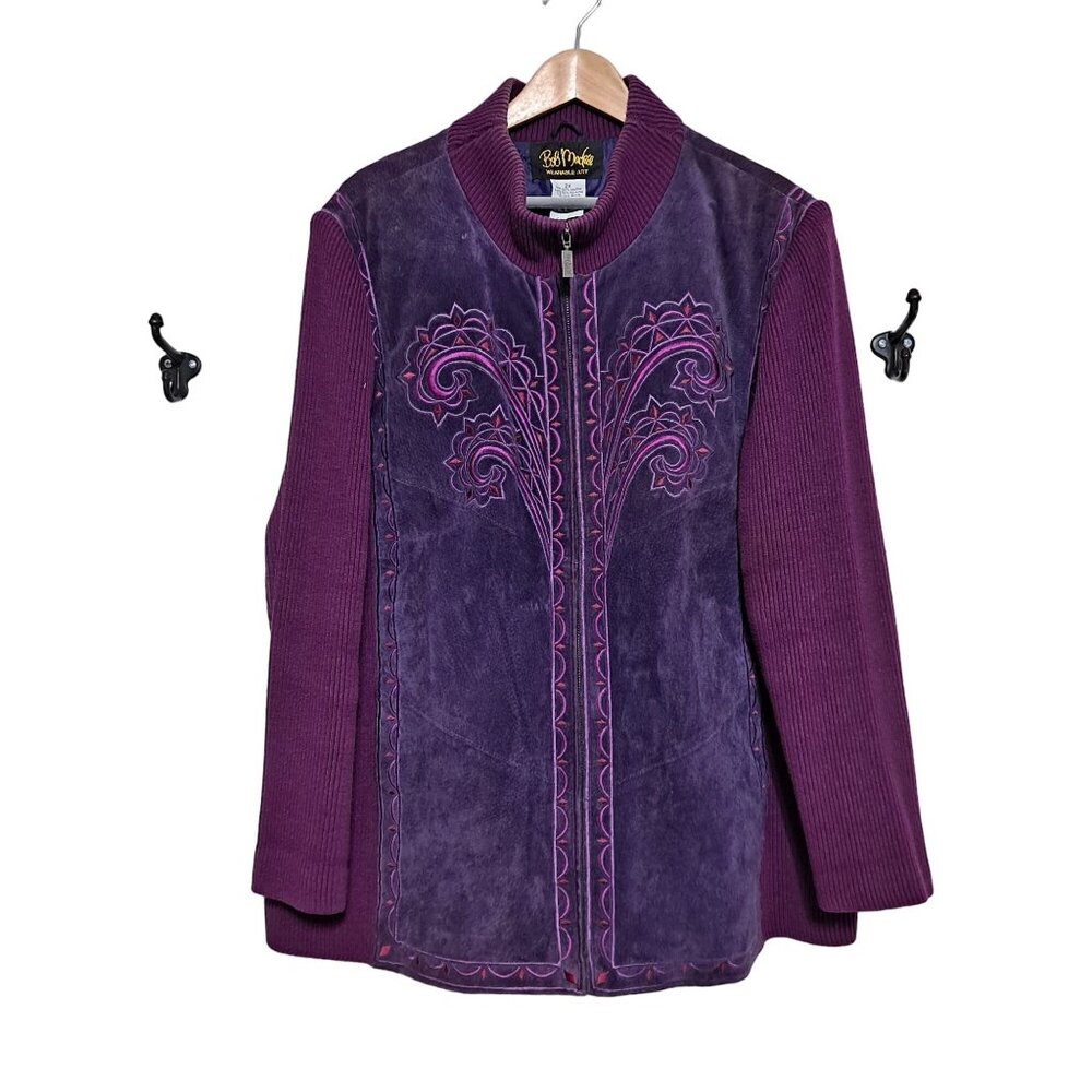 Bob Mackie Wearable Art Jacket Woman 2X Suede Purple Zip Embroidered Boho Artsy